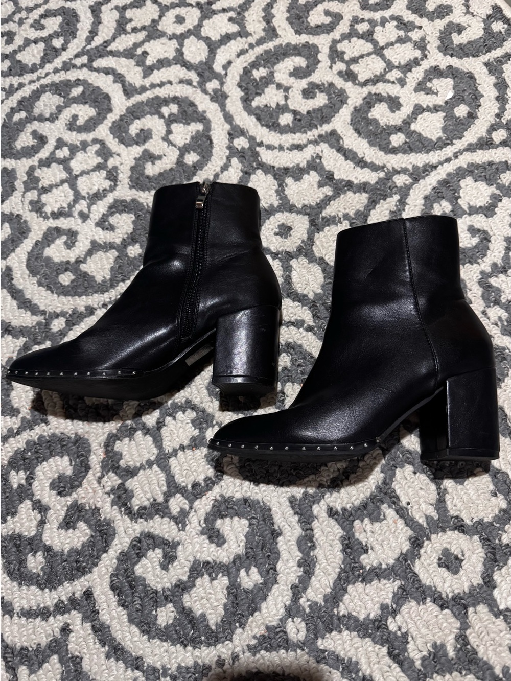 le chateau Black Leather Stud-Trim Block Heel Ankle Boots